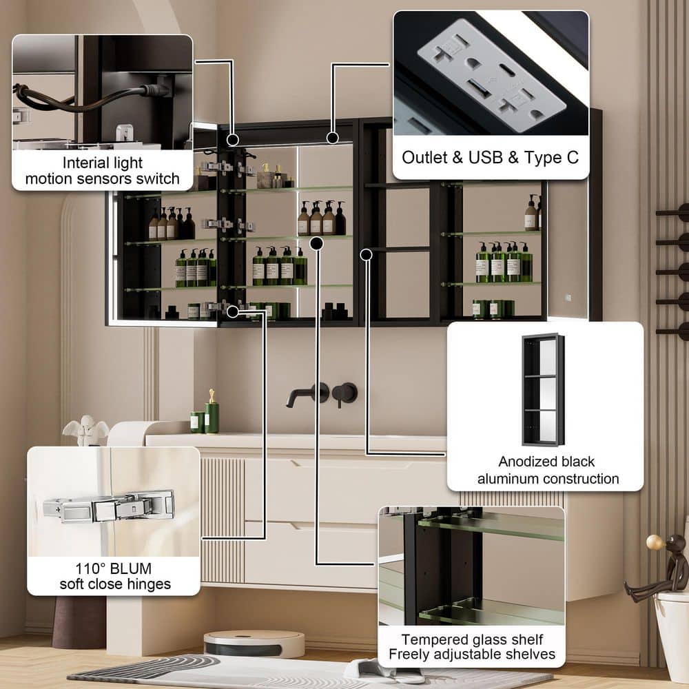 FORCLOVER 60 in. W 30 in. H Aluminum Recessed/Surface Mount LED Medicine Cabinet with Mirror and Outlet (2)