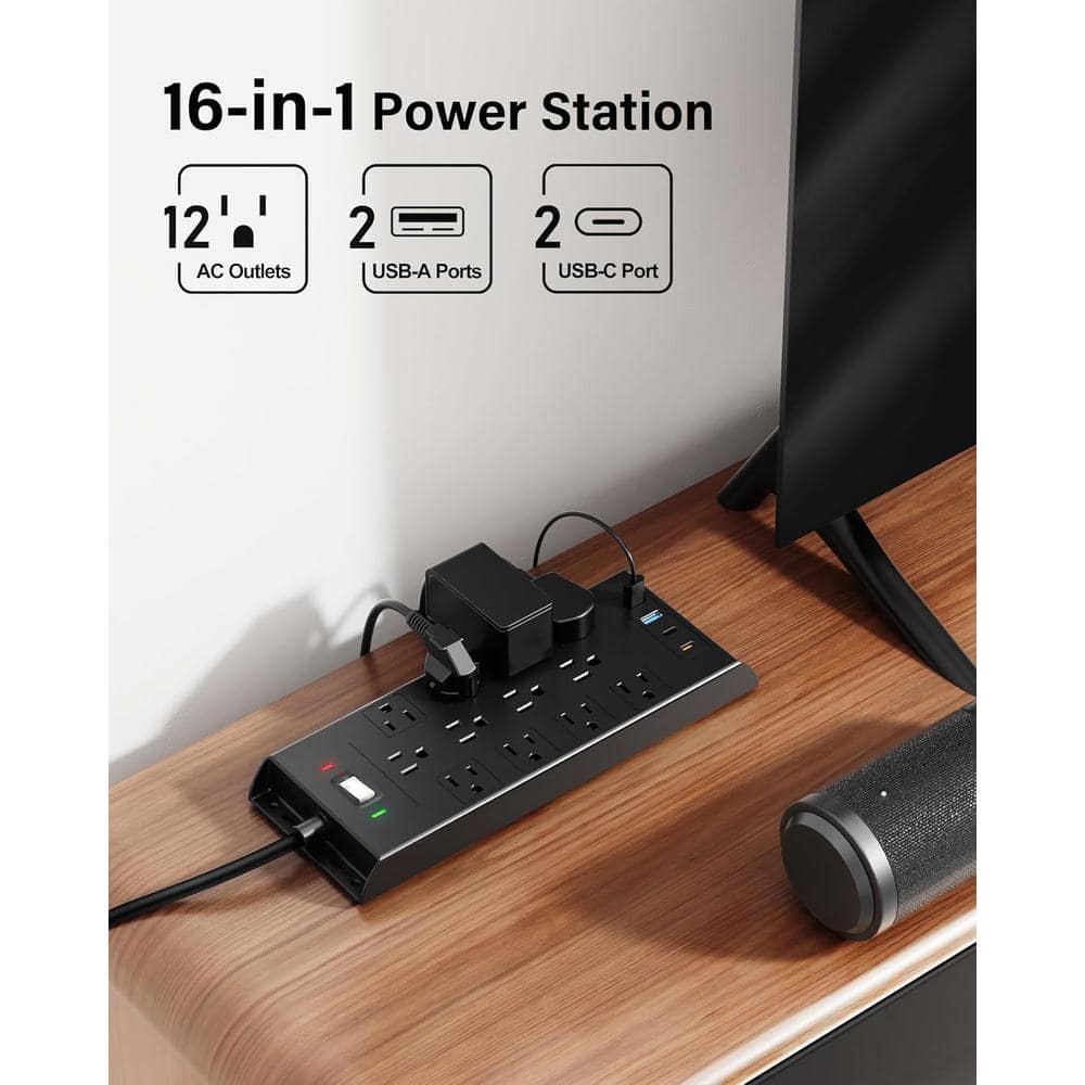 Unbranded 10' Flat Plug Surge Protector Power Strip Heavy Duty Round Extension Cord, 12-Outlets, 2-USB C and a Port PD20W Charging (2)