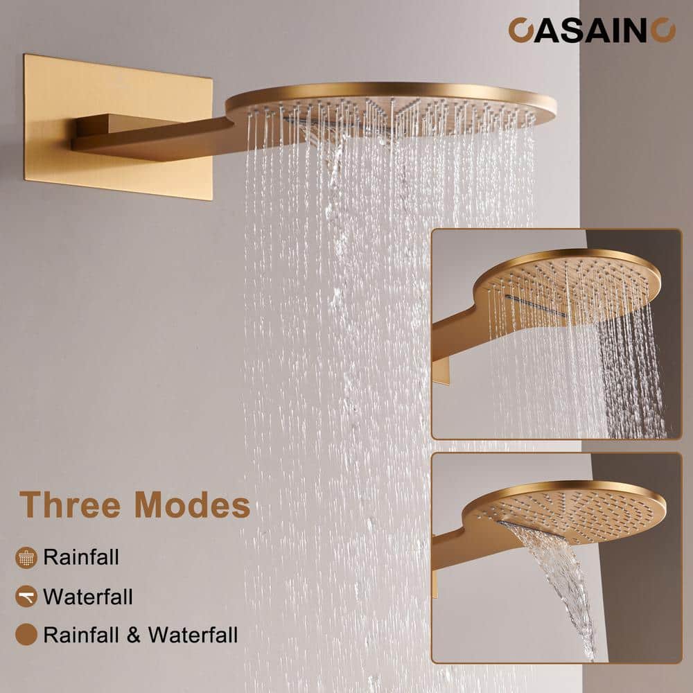 CASAINC Single Handle 3-Spray 2-function Luxury Thermostatic Dual Shower Faucet 2.5 GPM with Waterfall in. Brushed Gold (3)