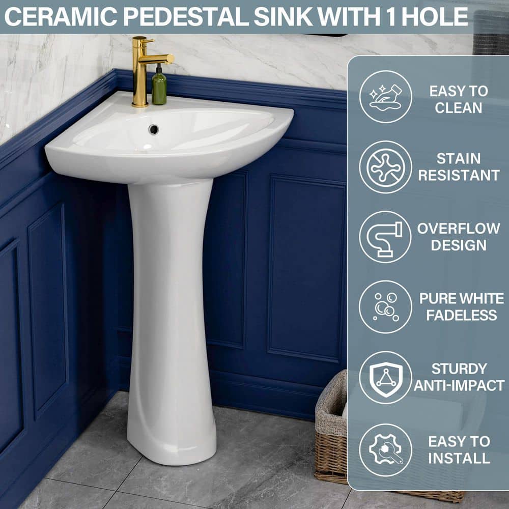 Kuomih 23 in. W x 18.75 in. D Corner Sink Ceramic White Pedestal Sink with Overflow Pre-Drilled Holes for Small Bathrooms (2)