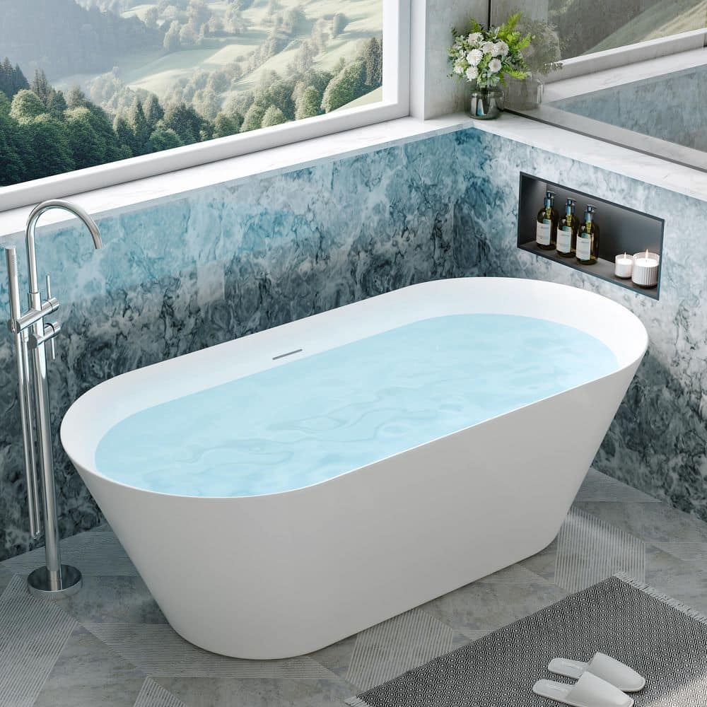 FORCLOVER 71 in. x 33.5 in. Freestanding Soaking Bathtub with Center Drain and Groove Overflow in White (2)