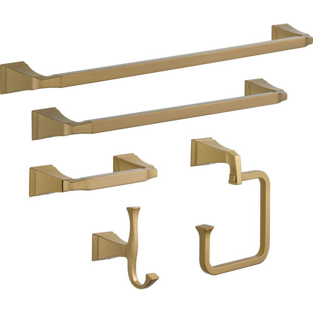 Delta Dryden 5-Piece Bath Hardware Set 18, 24 in. Towel Bars, Toilet Paper Holder, Towel Ring, Towel Hook in Champagne Bronze (1)