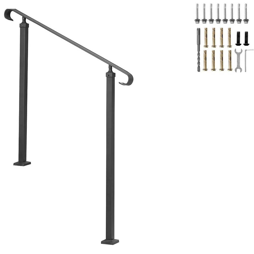 Afoxsos Adjustable Wrought Iron Handrail for 1-3 Outdoor Steps Black Transitional Hand Railings for Concrete or Wooden Stairs (1)