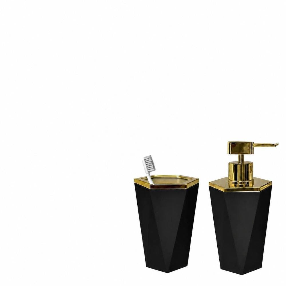 Unbranded Hexagonal Black and Gold 2-Piece Bathroom Countertop Set with Soap Dispenser and Toothbrush Holder Kit (2)