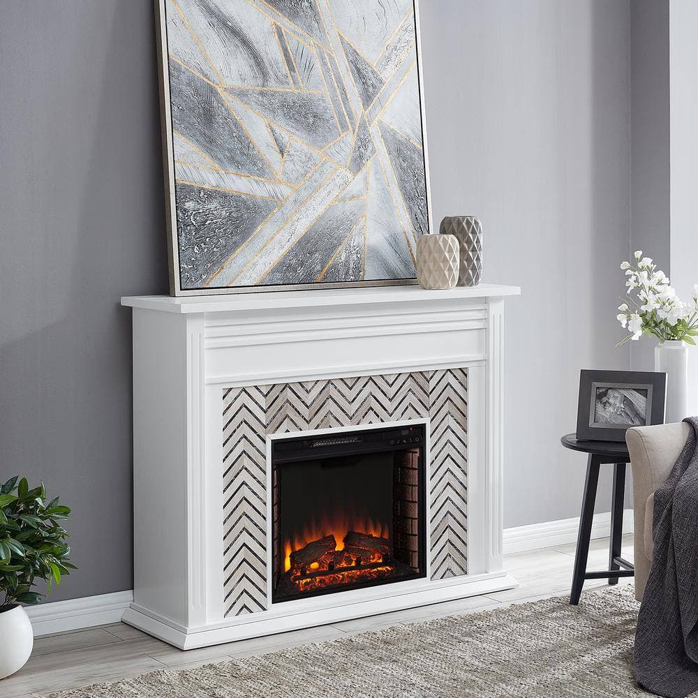 Southern Enterprises Merrin Tiled Marble 50 in. Electric Fireplace in White and Gray (2)
