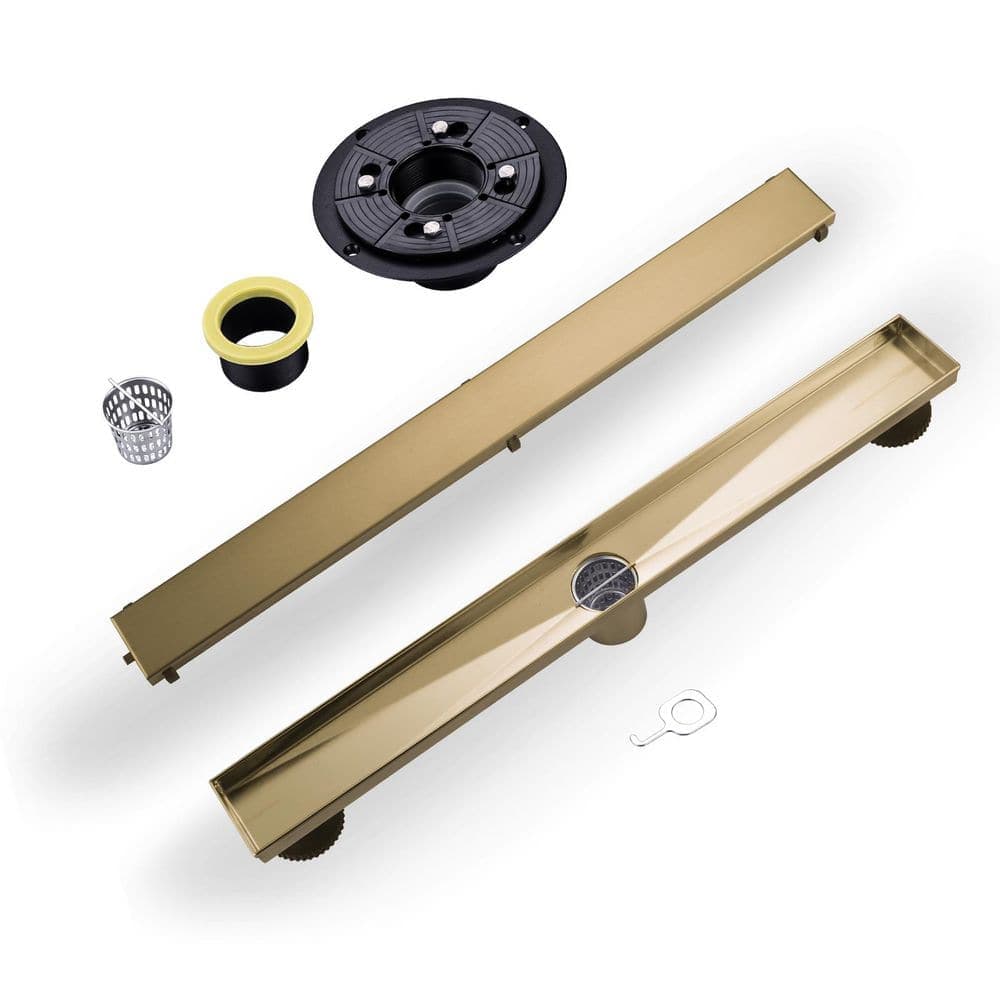 AVITAS 24 in. Stainless Steel Linear Shower Floor Drain with Drain Base, Hair Strainer and Adjustable Feet in Brushed Gold (1)