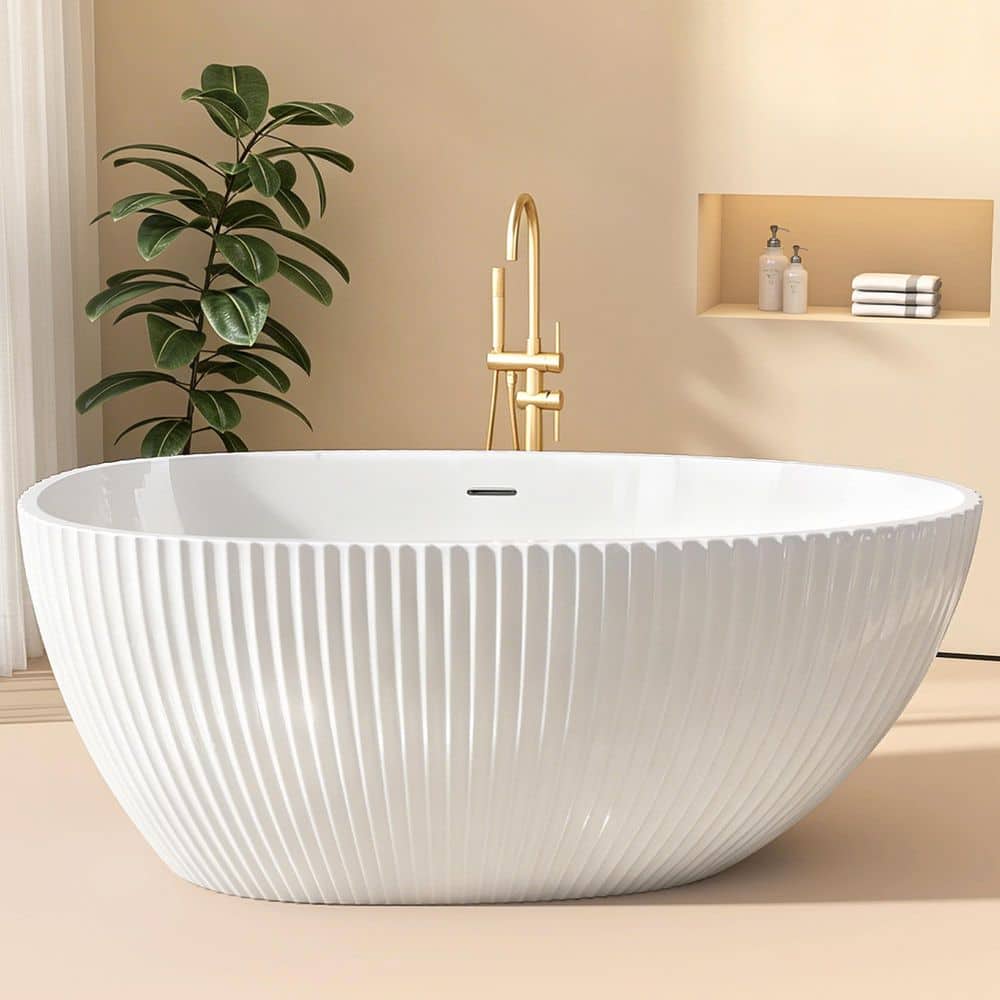Zeafive 59 in. L x 31.5 in. W Acrylic Freestanding Soaking Bathtub Stand Alone Bathroom Tub with Center Drain in White (1)