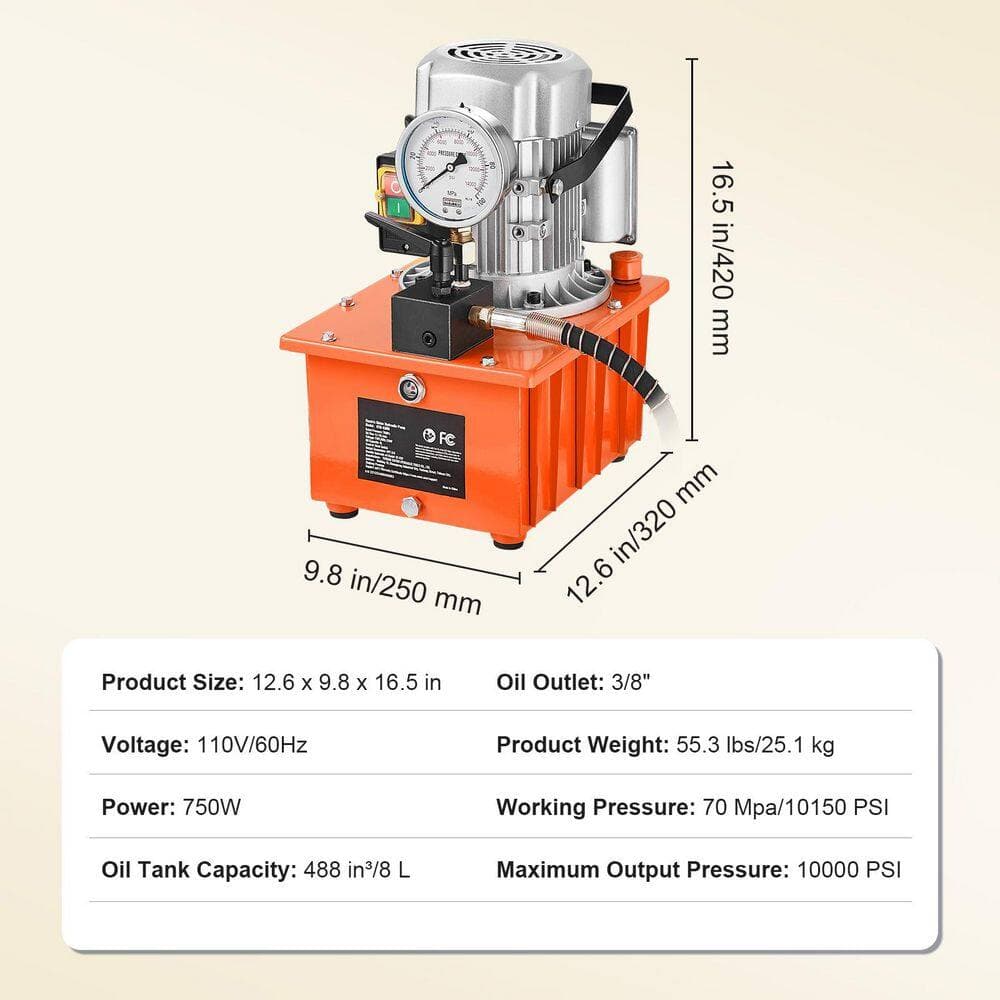 SKYSHALO Electric Hydraulic Pump, 10000 PSI 750W 110V, 488 in³/8L Capacity, Single Acting Manual Valve, Driven Hydraulic Pump (2)