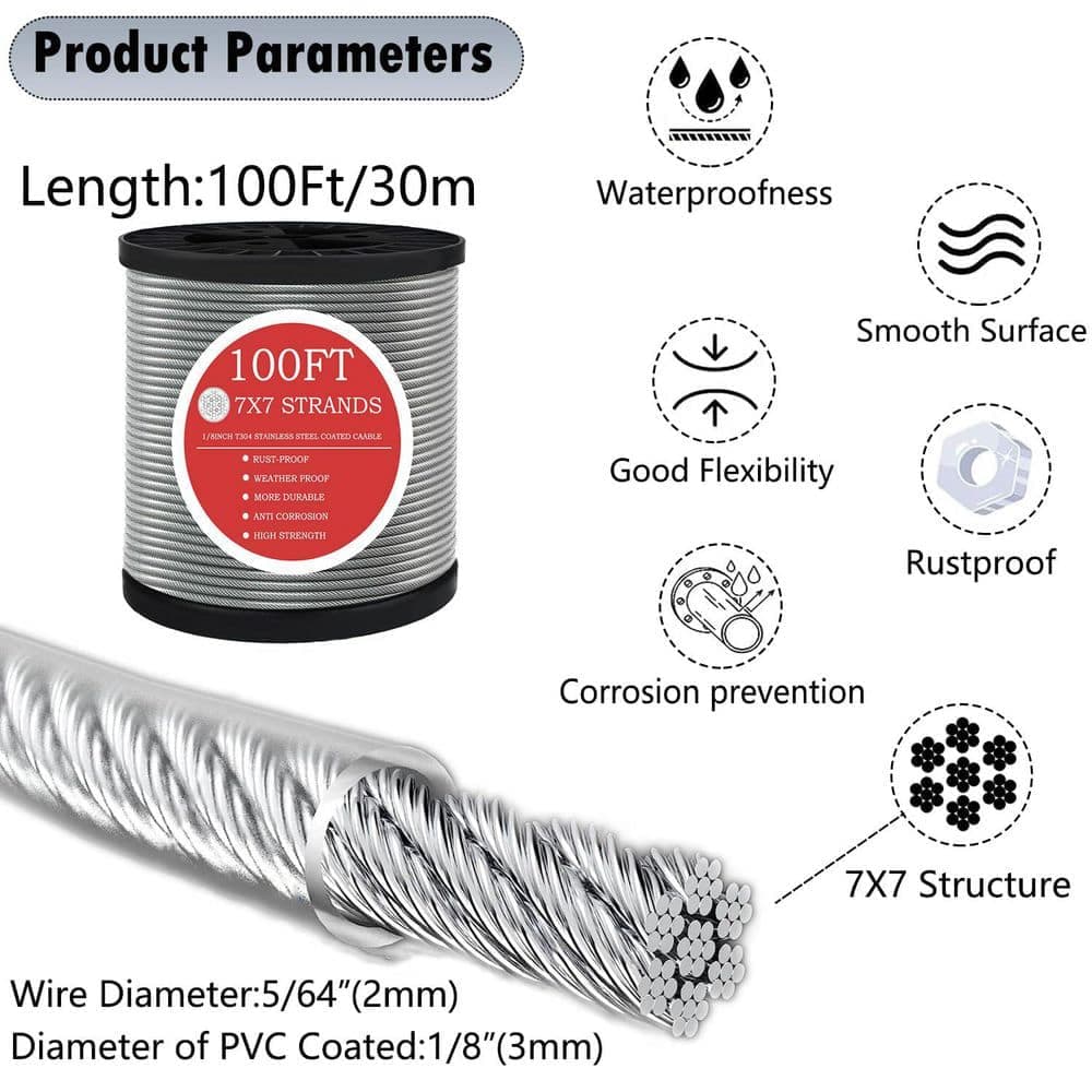 Laybus 1/8 in. x 100 ft. Wire Rope, 304 Stinless Steel Cable with M5 Turnbuckle-Gardening, Picture Hanging, Clothesline Wire (3)