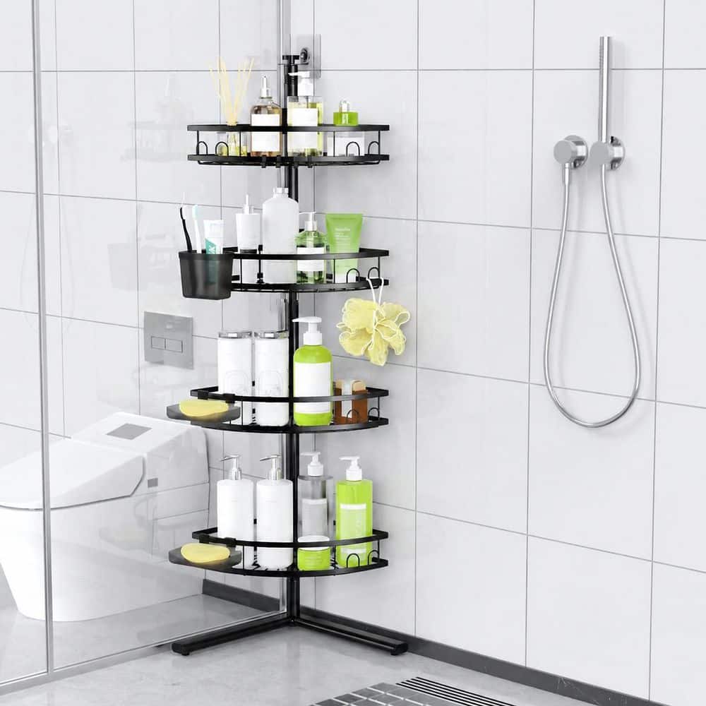 Anqtovp Wall-Mounted Stable Adjustable 4-Tier Shower Caddy with Rustproof Quick-Drain Baskets in Black (3)