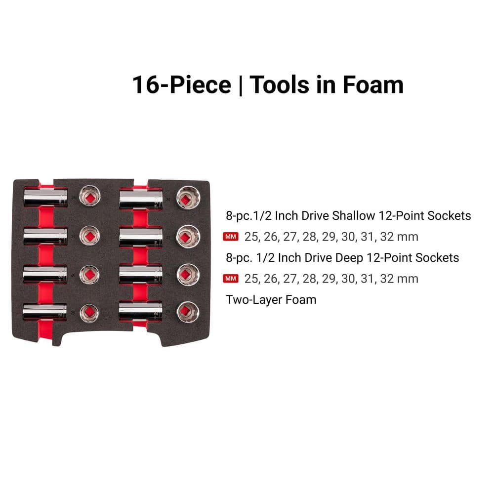 TEKTON 1/2 Inch Drive Shallow and Deep 12-Point Socket Set with Open Top Drawer and Rack, 16-Piece (25-32 mm) (3)