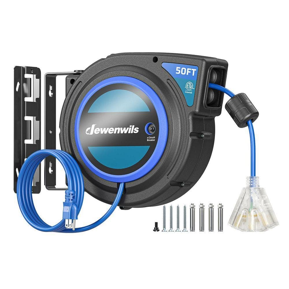 DEWENWILS 50 ft. 14/3 13A Circuit Breaker, Retractable Extension Cord Reel with 3 Grounded Outlets, Ceiling/Wall, ETL Listed, Blue (1)
