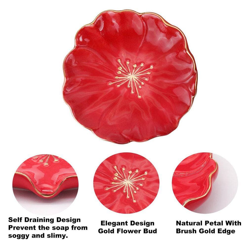 Unbranded 1-Pack Red Ceramic Hibiscus Flower Soap Dish Freestanding Self Draining Bar Holder for Shower Bathroom (3)