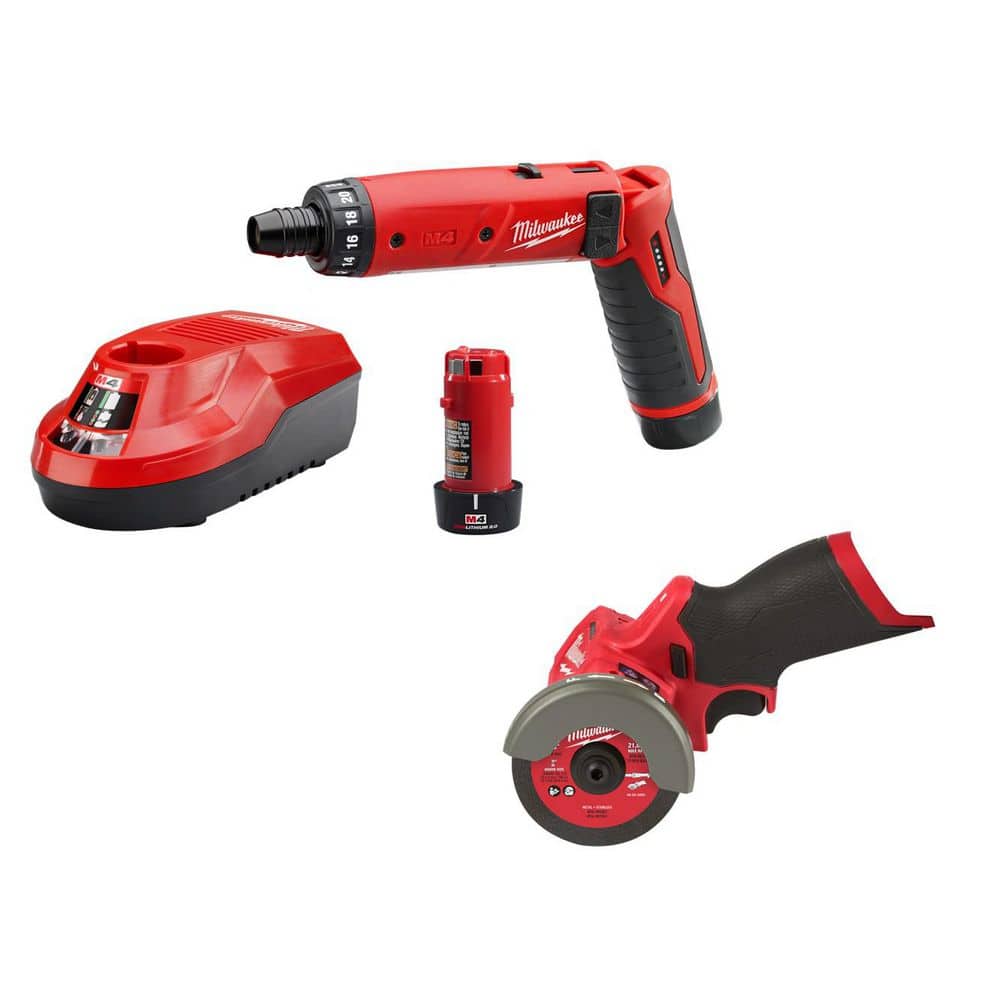 Milwaukee M4 4V Lithium-Ion Cordless 1/4 in. Hex Screwdriver 2-Battery Kit, & 3 in. Cut Off Saw
