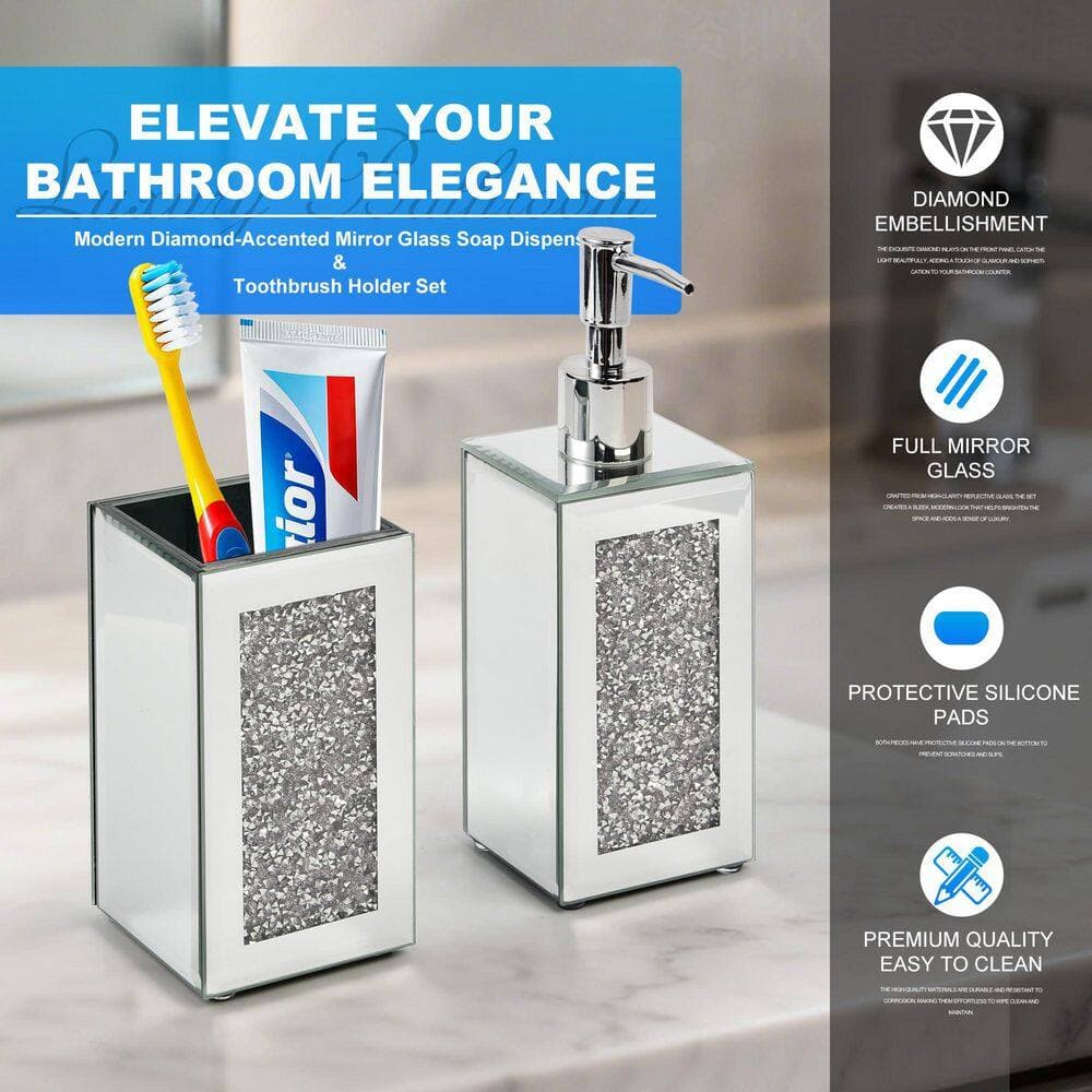 Wudkey 2-Piece Bath Accessory Set with Diamond-Embedded Soap Dispenser and Toothbrush Holder in Clear Glass (3)