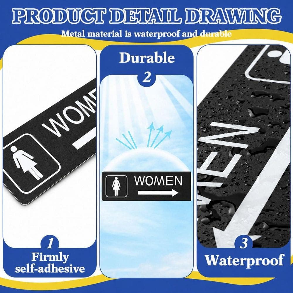 LAIFUCAM 2 Pack Double-Sided Black Aluminum Restroom Signs with Arrow Easy Mount Bathroom Door Hallway Wall Decor (3)
