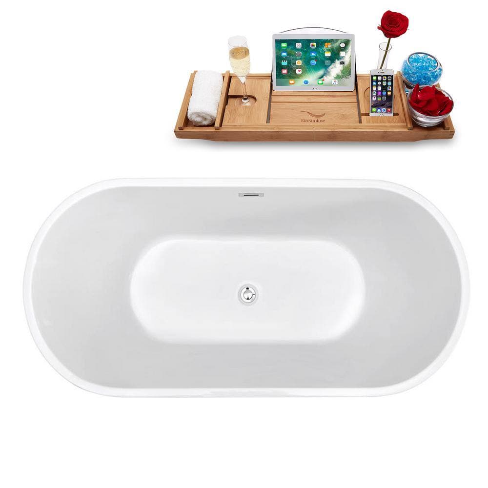 Streamline 59.1 in. Acrylic Flatbottom Non-Whirlpool Bathtub in Glossy White with Polished Chrome Drain and Overflow Cover (3)