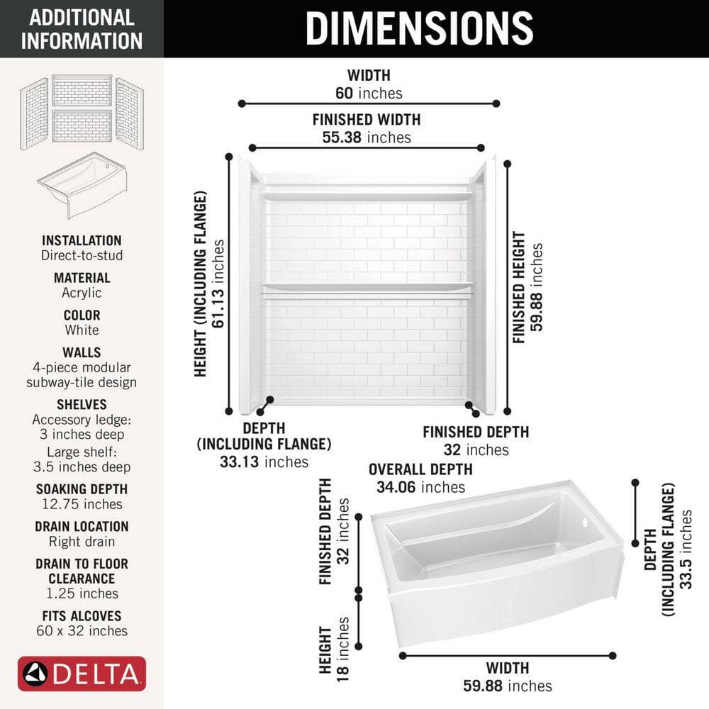 Delta Classic 500 Tile Curve Drain 32 in. L 60 in. W 59.88 in. H Alcove Bathtub Kit with Tub Wall (3)