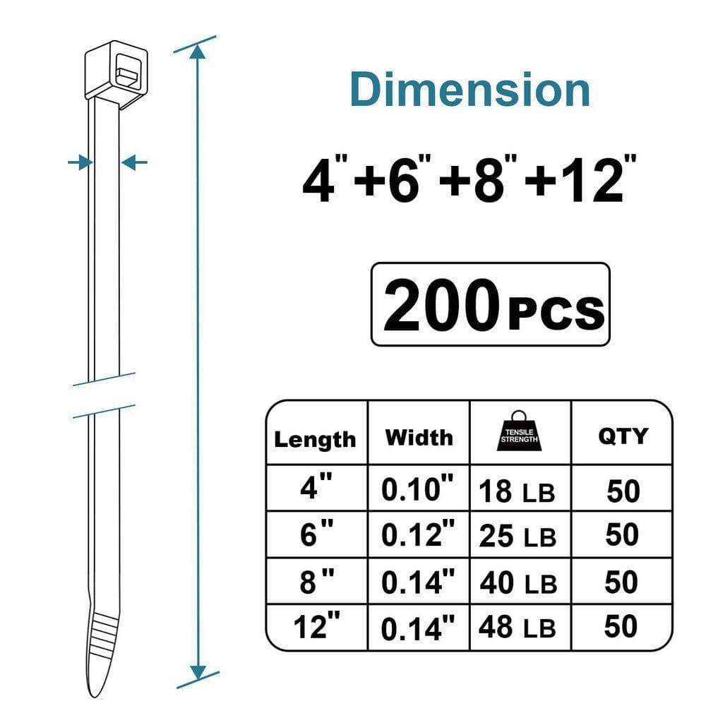 Lukyamzn Lock Series 4 plus 6 plus 8 plus 12 in. UV Resistant Nylon Cable Zip Tie Black 200-Pack B0CSXGZXM8 (2)