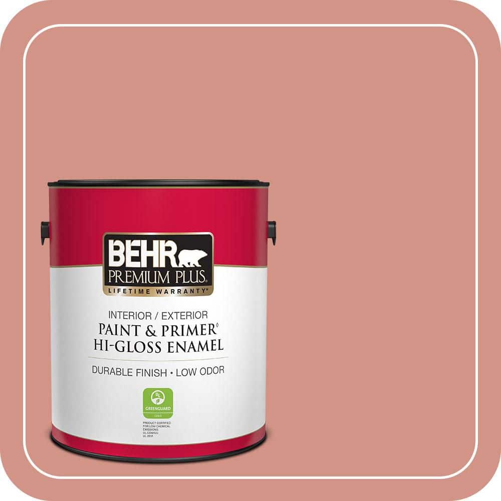 BEHR PREMIUM PLUS 1 gal. #T15-20 Peach Preserve Hi-Gloss Enamel Interior/Exterior Paint & Primer