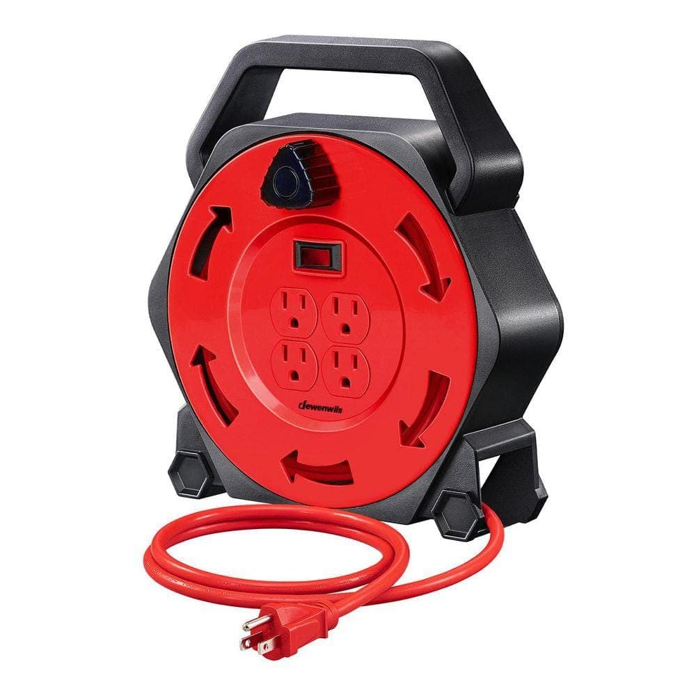 DEWENWILS Heavy Duty 25 ft. 16 / 3 SJTW 13 Amp Retractable Hand Wind Extension Cord Reel with 4-Power Outlets, Red (1)