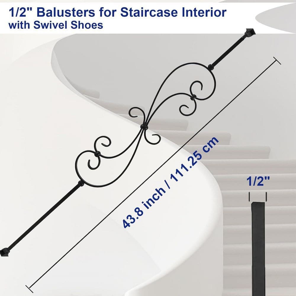 Afoxsos 44 in. H x 0.5 in. W Black Wrought Iron Stair Railing Kit Decorative Balusters for Staircase Interior 5-Pack Aluminum (3)