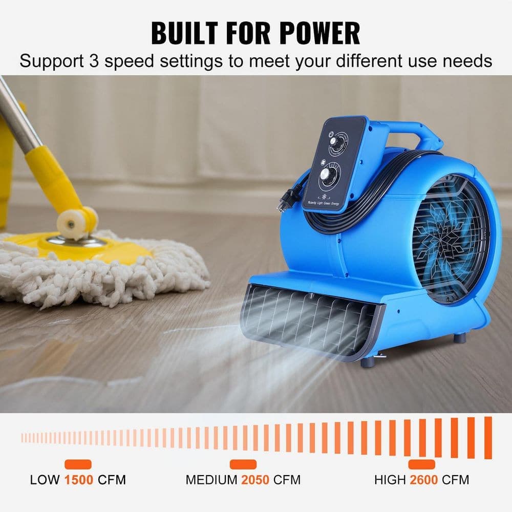 SKYSHALO Floor Blower 19.3 in. 3 Speeds Blower Fan in Blue with 1/2 HP 2600 CFM Air Mover for Drying and Cooling Carpet Dryer Fan (3)