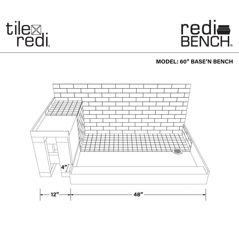 Tile Redi Base'N Bench 60 in. L x 36 in. W Alcove Shower Pan Base and Bench with Right Drain and Matte Black Drain Plate (3)