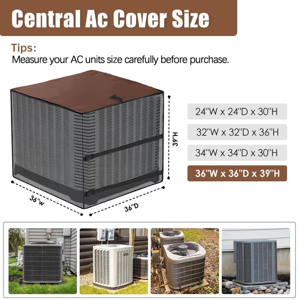 Numhew 1-Pack Brown 600D Oxford Fabric, Waterproof Mesh AC Unit Cover, All Season UV, Rain and Snow Outdoor Protection (2)