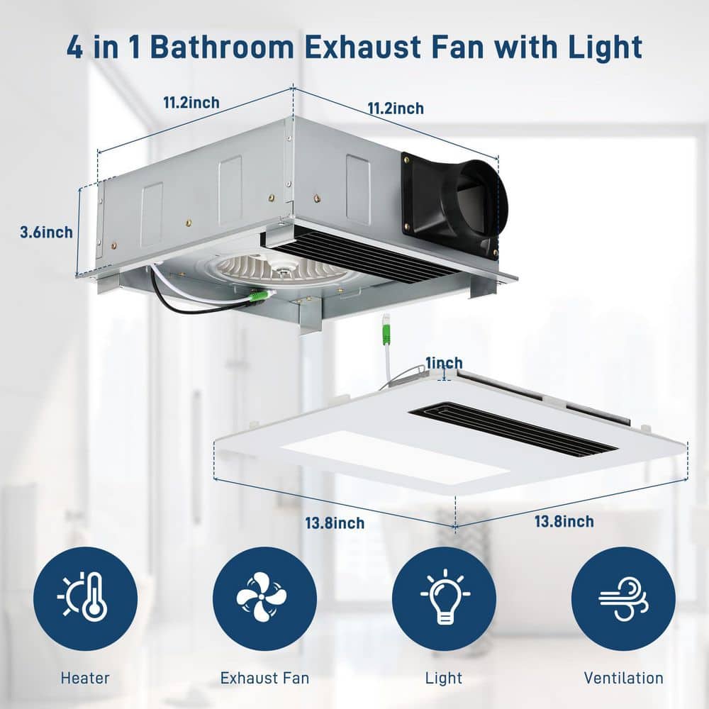 Wudkey 1-Piece White Quiet Bathroom Exhaust Fan with Light and Heater, 4-in-1 Bathroom Ventilation System, 1800W Heating Power (2)