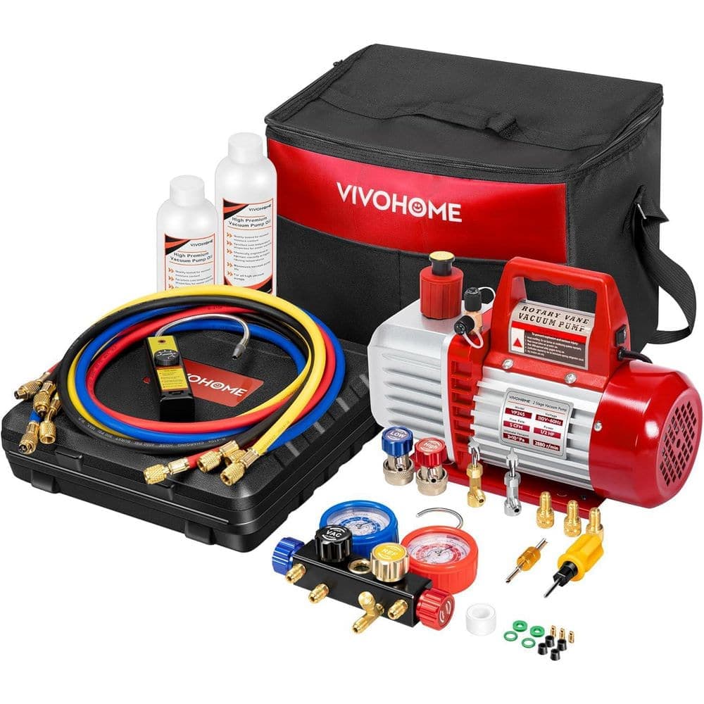 VIVOHOME 110V 1/2 HP 5CFM 2 Stage HVAC Vacuum Pump and 4 Way AC Manifold Gauge Set Kit with Leak Detector 5 ft. Hoses (1)
