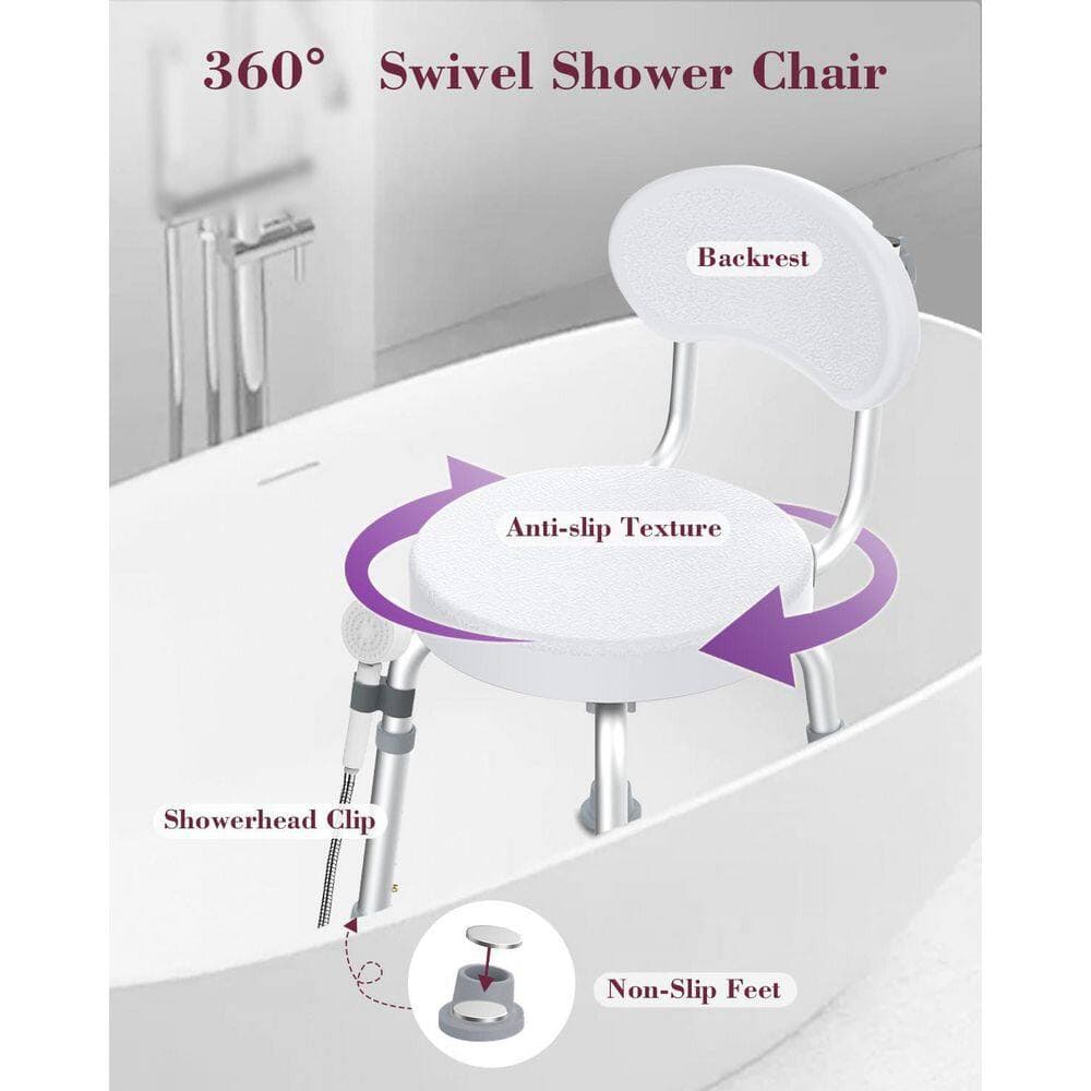 Numhew 360° Aluminum Non-Slip Shower Seat with Backrest for Elderly and Disabled, Height Adjustable Rotating Tub Bench, White (2)