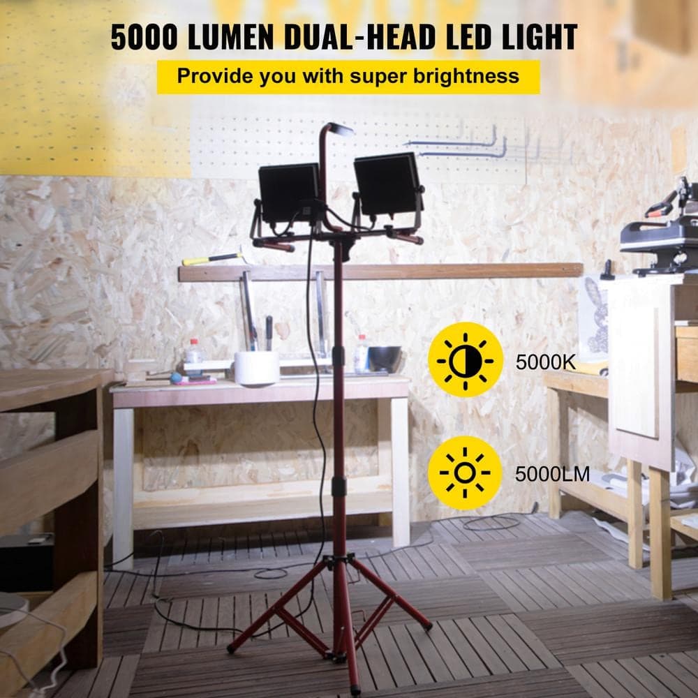 SVOPES LED Work Light with Stand, 5000 Lumen Dual-Head, Adjustable 27.6 in. 68.1 in. Tripod, IP65 Waterproof, 5000K (2)