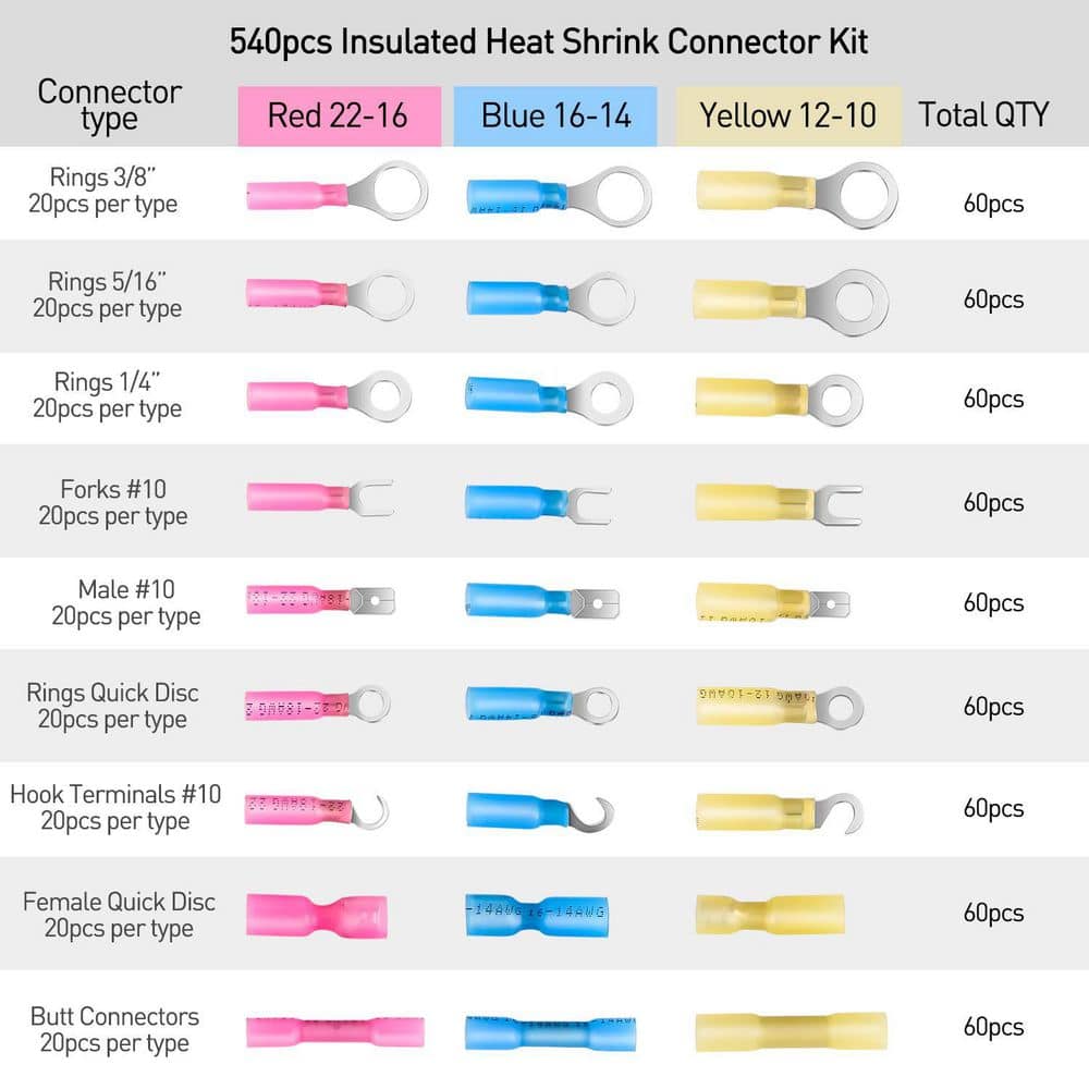 Unbranded 540-Pack Heat Shrink Wire Connectors Kit with Ring Fork Hook Spade Butt Splices for Automotive Marine Electrical (3)