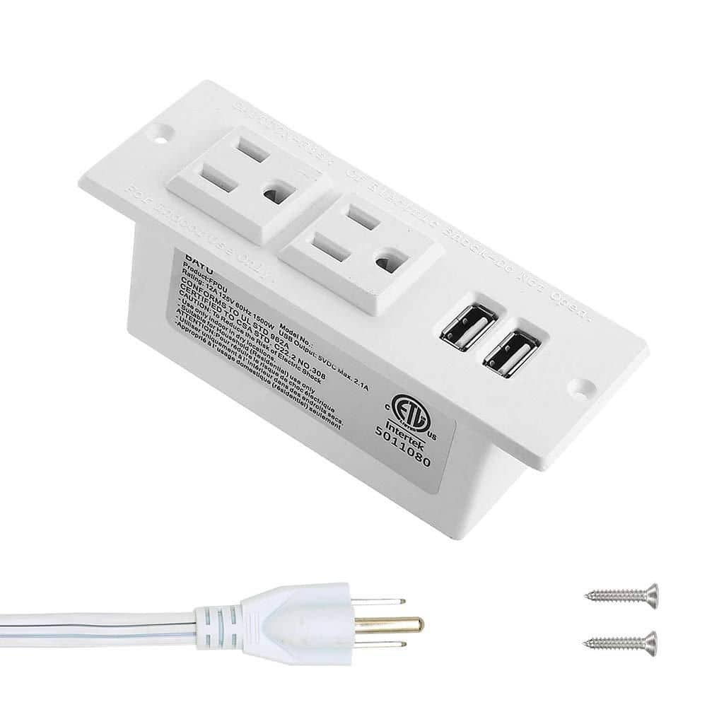 BIBIVIS White Mountable Flat Plug Extension Cord Mount 2 Outlets 2 USB for Tabletop Sofa Cabinet Nightstand