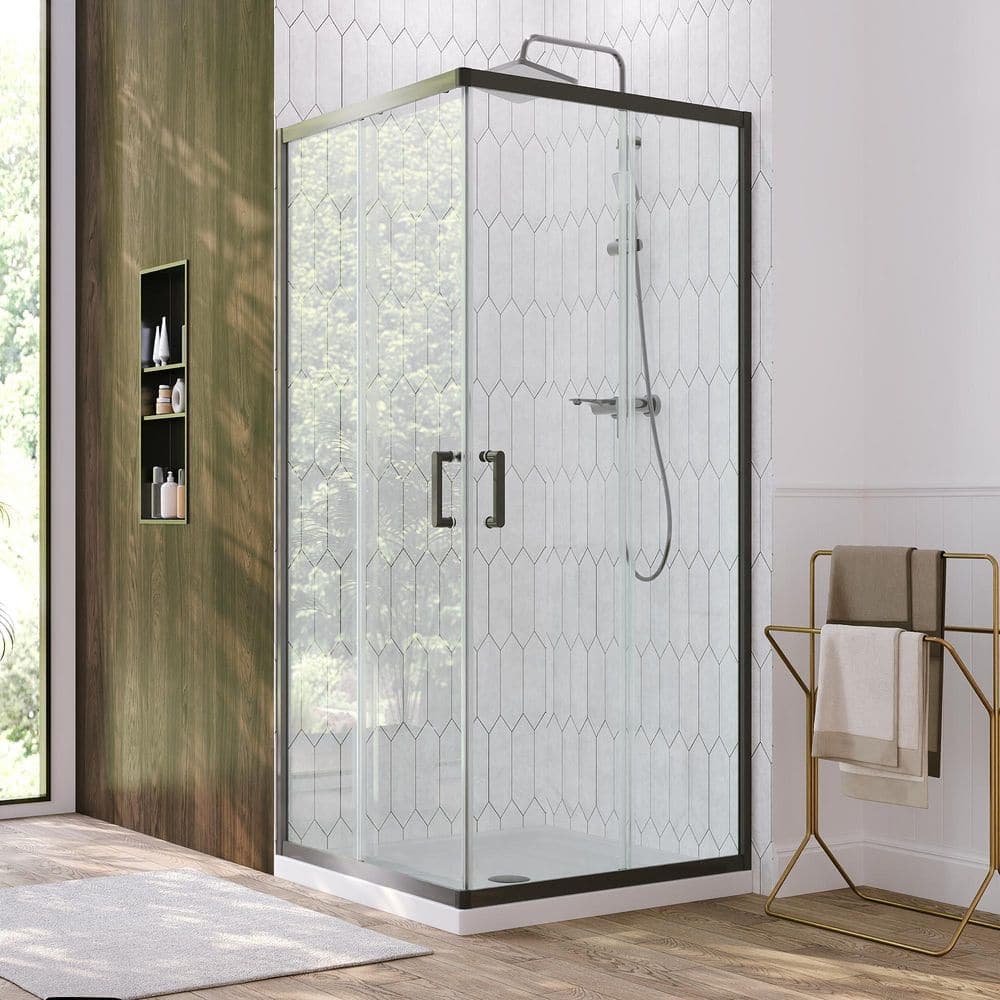 DEERVALLEY 36 in. W x 72 in. H Square Double Sliding Framed Corner Shower Enclosure in Black with 5/16 in. Clear Tempered Glass (1)