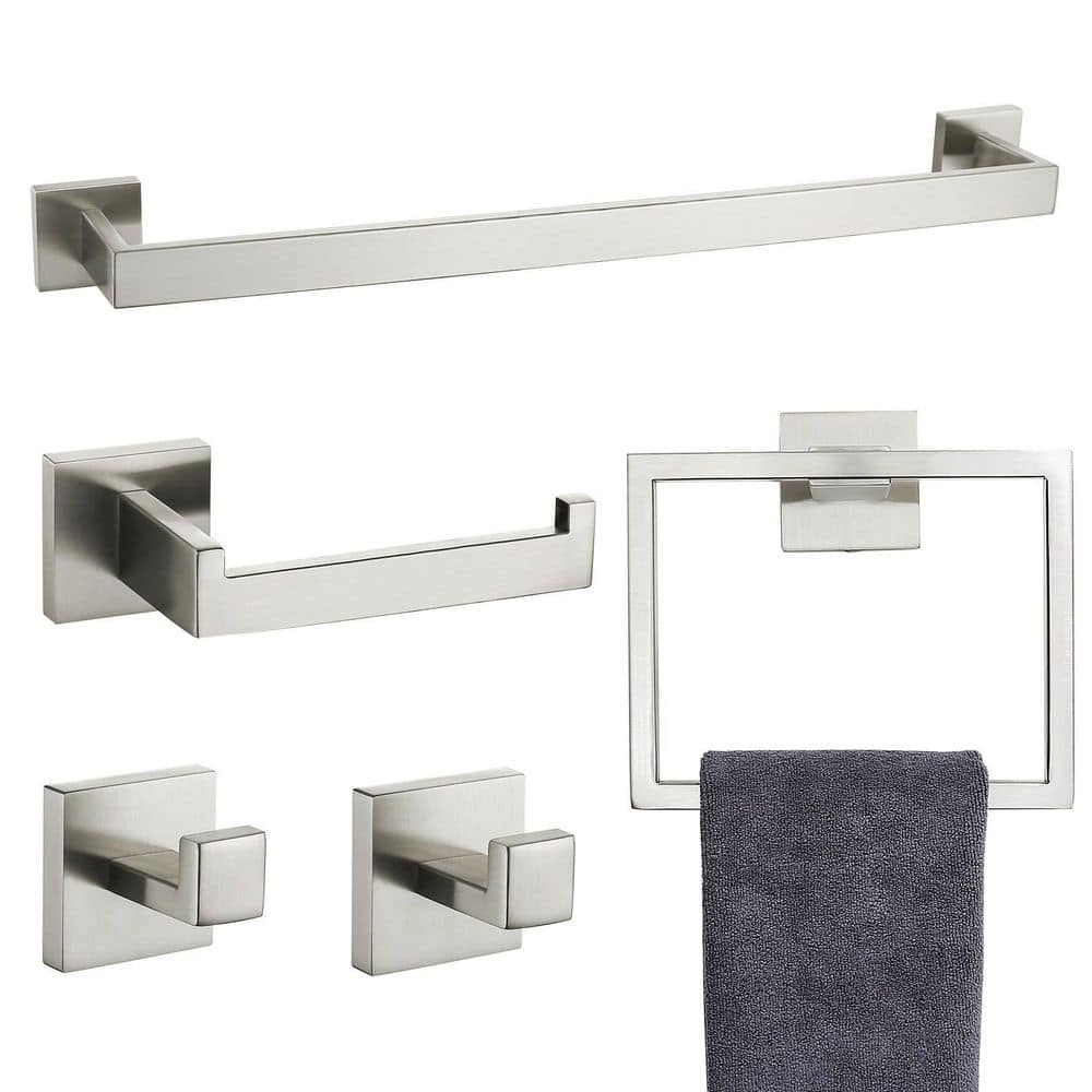 KHKFY 5-Piece Bathroom Hardware Accessories Set Towel Bar Set Wall Mounted Stainless Steel in Brushed Nickel (1)