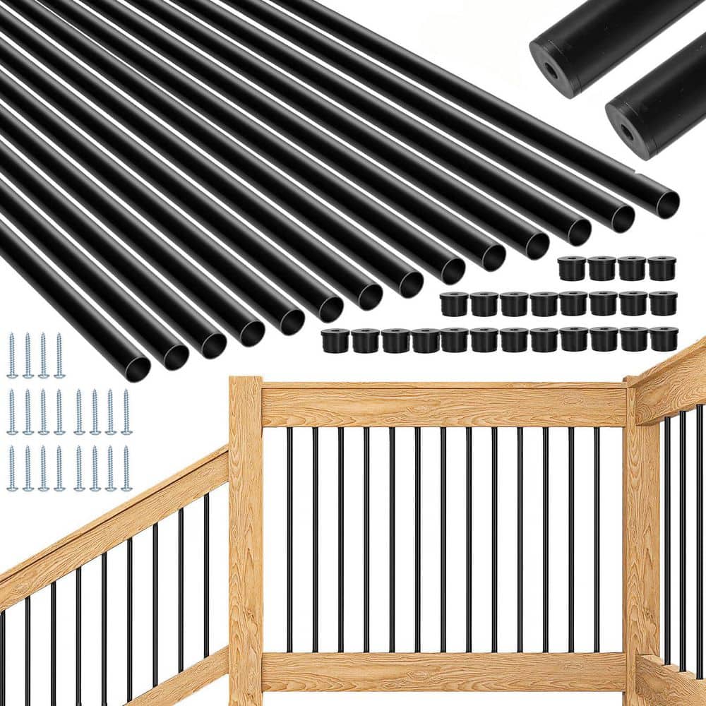 Afoxsos 26 in. H x 0.75 in. W Black Aluminum Deck Balusters, Hollow Round Deck Spindles for Deck Railing w/ Connectors(51-Pack) (1)