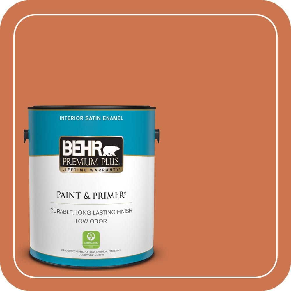 BEHR PREMIUM PLUS 1 gal. #PMD-103 Sweet Carrot Satin Enamel Low Odor Interior Paint & Primer