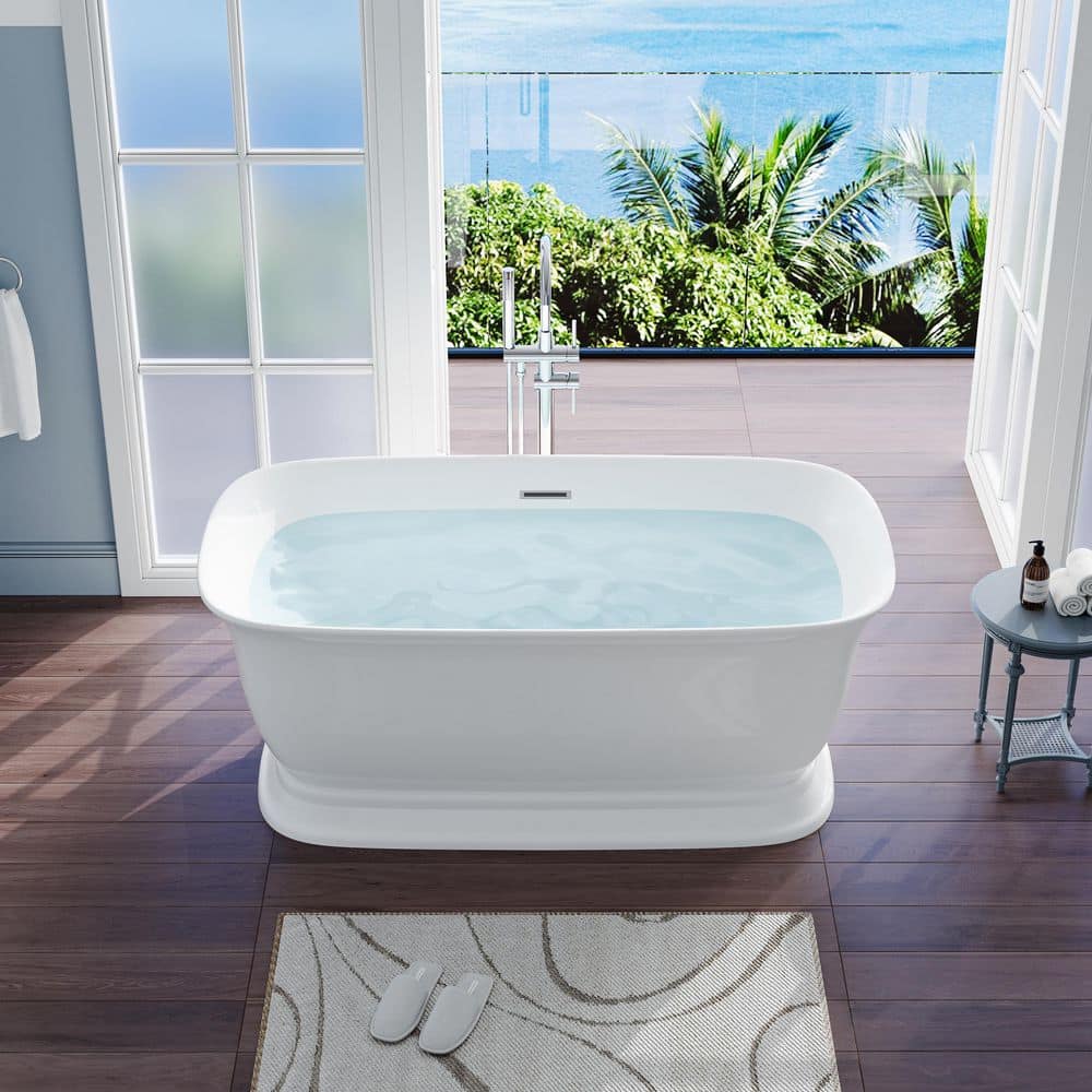 FORCLOVER Tivor 59 in. x 31.5 in. Acrylic Oval Soaking Bathtub with Center Drain in Glossy White (3)