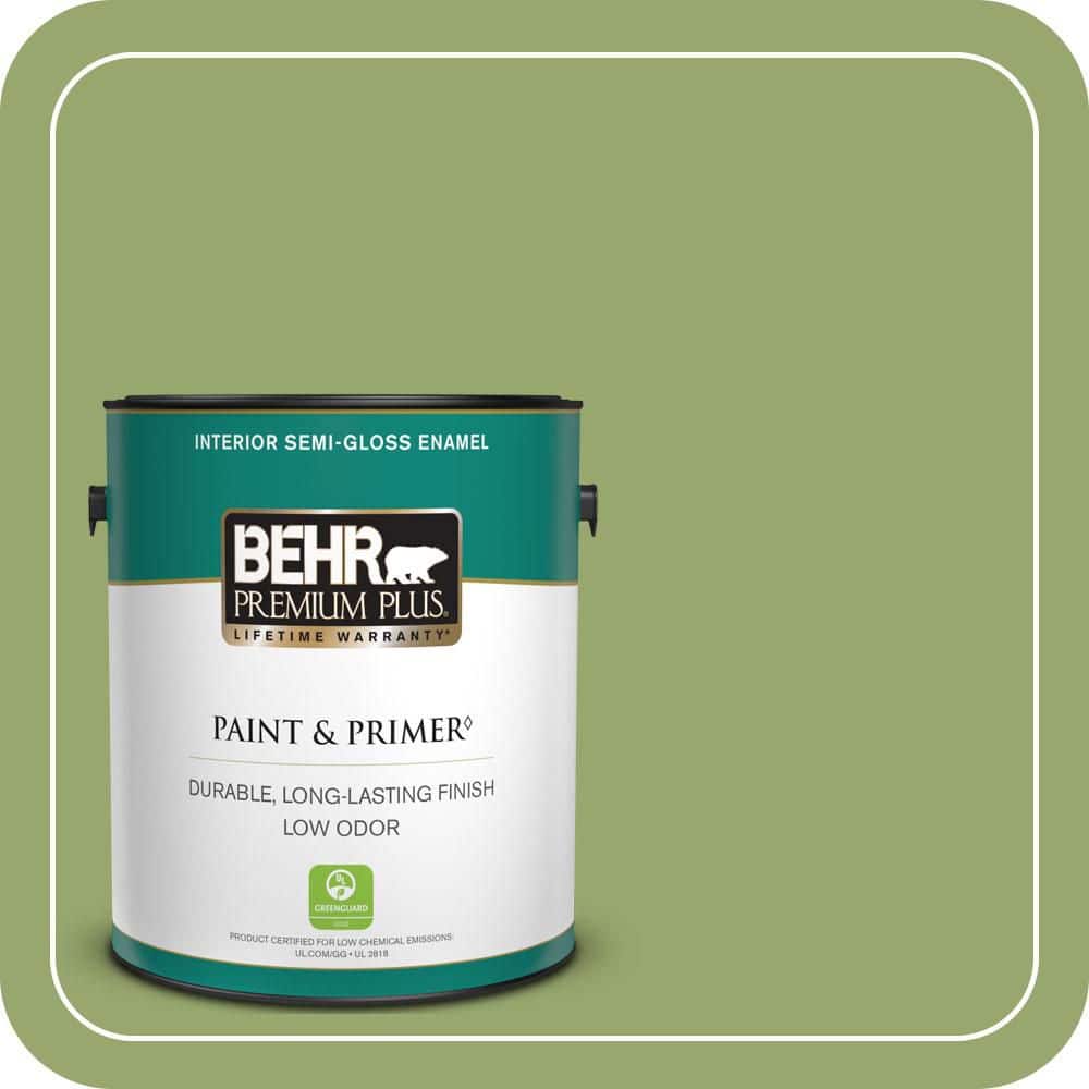 BEHR PREMIUM PLUS 1 gal. #MQ4-43 Green Plaza Semi-Gloss Enamel Low Odor Interior Paint & Primer
