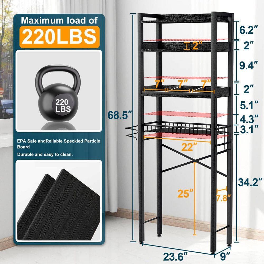 Numhew Brown 4 Tier Bathroom Organizer Storage With Adjustable Shelf Feet Pad Basket, Over The Toilet Storage Cabinet (2)