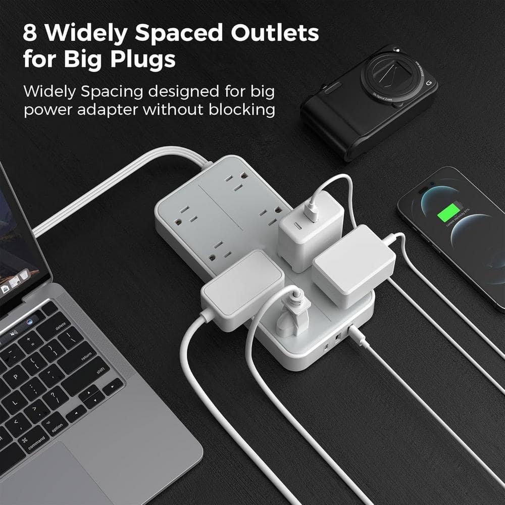 Yichuhaoxi Flat Plug 10 FT Extension Cord Surge Protector Power Strip with 8 AC and 3 USB(1USB-C) Ports, 1080 Protection Wall Mount (3)