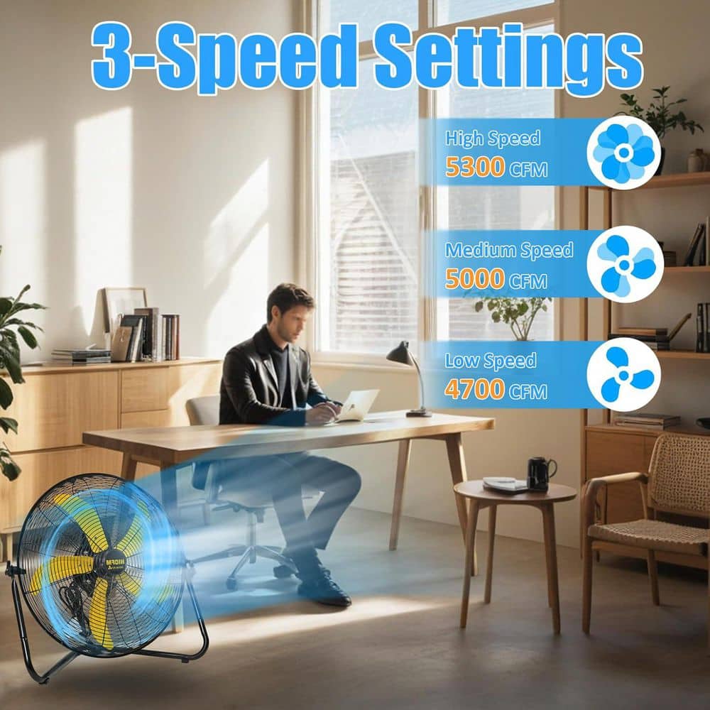 MELEZOOM 20 in. 5300 CFM High Velocity Metal Floor Fan, 3-Speed Powerful Cooling 360° Adjustable Tilting Head in Yellow (2)