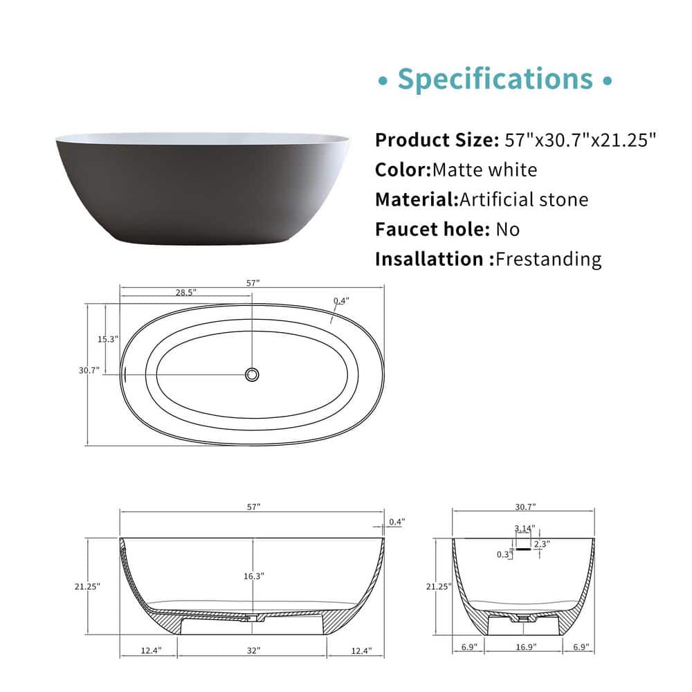 LIVACA 57 in. x 30.7 in. Solid Surface Soaking Freestanding Bathtub with Overflow and Pop-Up Drain in Matte White (2)