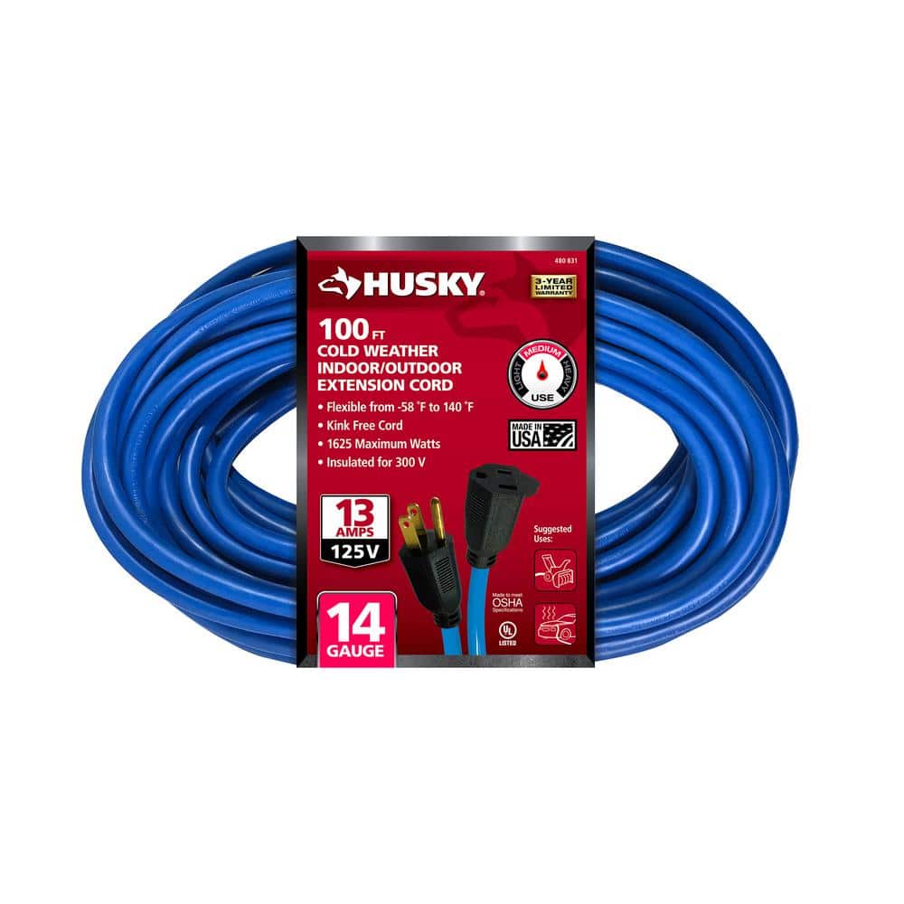 Husky 100 ft. 14/3 Medium Duty Cold Weather Indoor/Outdoor Extension Cord, Blue