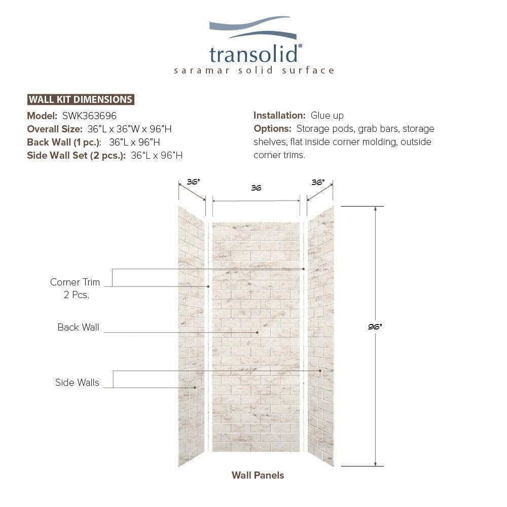 Transolid SaraMar 36 in. x 36 in. x 96 in. 3-Piece Easy Up Adhesive Alcove Shower Wall Surround in Biscotti Marble (3)