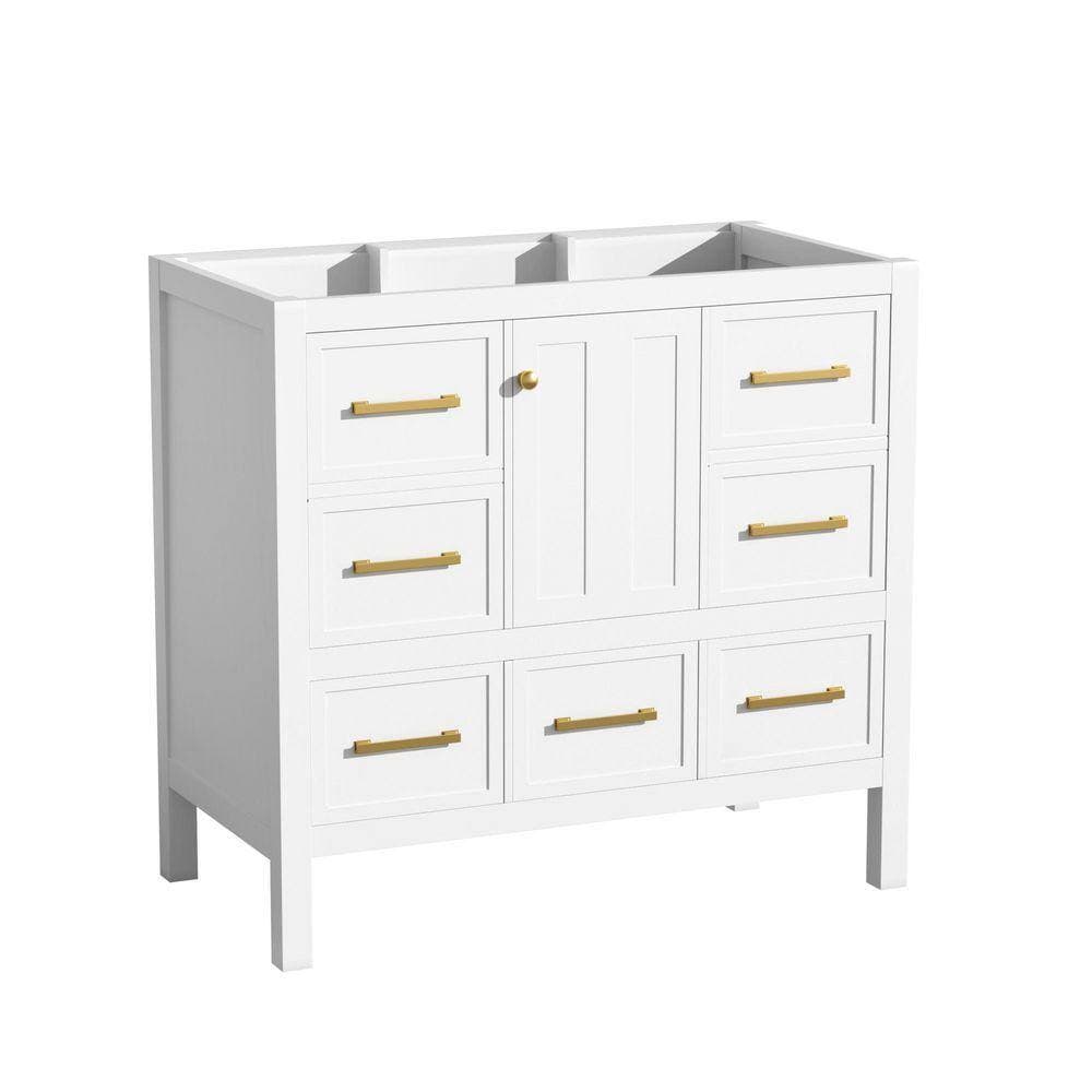 Cesicia 35.5 in. Solid Wood Frame Freestanding Bath Vanity Cabinet without Top in White with 5 Drawers and Soft Closing Doors (3)