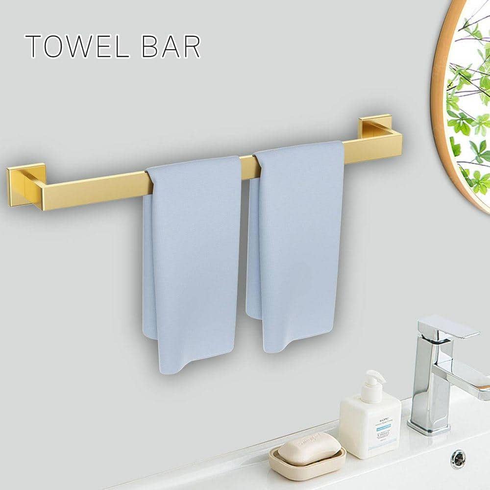 JFVKAF 5-Piece Bathroom Hardware Set Wall-Mount with Towel Bar, Shelf Toilet Paper Holder, Towel Ring and Hooks in Brushed Gold (2)