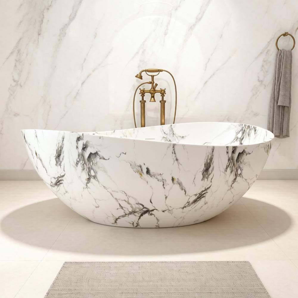 PEACEBAY 63 in. Solid Surface Oval Freestanding Soaking Bathtub with Wave Rim in Matte Calacatta Gold Marble Look (2)